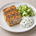 Turkey–Mushroom Terrine, Chive Yogurt and Cucumber — Serving Illustration - Fresh Start 30: A Journey To Better Health Illustrative serving suggestion: three turkey–mushroom terrine slices with cucumber ribbons and chive yogurt, one portion.